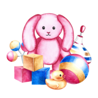 Children's toys a ball, a spinning top, cubes and a plush bunny. Handmade watercolor illustration. For the design of children's books, postcards and flyers. For labels of packaging of children's goods png