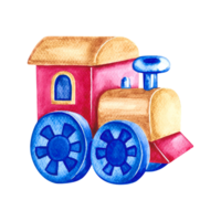 A toy train. Handmade watercolor illustration. Isolate. For the design of children's books, postcards and flyers. For labels, packaging and prints of children's goods. png