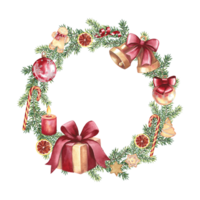 A Christmas wreath with festive decorations and a gift. Handmade watercolor illustration. Christmas template for ticket, flyer, postcard, invitation, poster. For packaging, printing and stickers. png