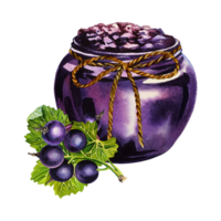 A jar of blackcurrant jam. Watercolor illustration drawn by hand. Isolate. For labels, packaging and banners. For textiles, prints and stickers. For menus, invitation cards. png