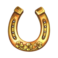 Horseshoe with four-leaf clover. A symbol of good luck. Handmade watercolor illustration. Isolate. For printing, stickers and labels. For postcards, prints and packaging. For banners, posters. png