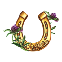 Horseshoe with four-leaf clover. A symbol of good luck. Handmade watercolor illustration. Isolate. For printing, stickers and labels. For postcards, prints and packaging. For banners, posters. png