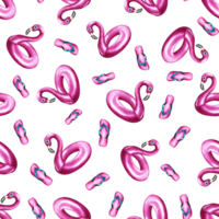 Seamless pattern with pink inflatable flamingo and slates. Beach holidays. Watercolor illustration, hand-drawn. Designed to create backgrounds, flyers, banners, postcards. For packaging and textiles. png