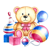 Children's toys are a ball, a spinning top, cubes and a teddy bear. Handmade watercolor illustration. For the design of children's books, postcards and flyer. For labels packaging of children's goods png