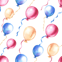 Seamless pattern with festive balloons. Blue, yellow and pink. Handmade watercolor illustration. For packaging paper, textiles, greeting cards, labels, packages. For holiday decorations. png