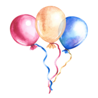 Festive balloons are tied in a bundle. Blue, yellow and pink. Handmade watercolor illustration. For packaging paper, textiles, greeting cards, labels, packages. For holiday decorations. png