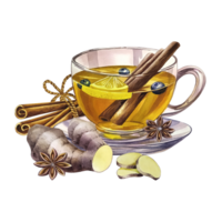 A cup of tea with ginger, cinnamon and star anise. A glass transparent cup filled with tea. a hand-drawn watercolor illustration. For design solutions of invitations, banners, packaging and menus. png