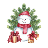 A snowman near the Christmas tree with a gift. Handmade watercolor illustration. For the packaging of greeting and invitation cards, labels. For banner stands and posters. For festive decoration. png