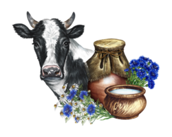 Portrait of a cow and dairy products in ceramic and wooden dishes. A hand-drawn watercolor illustration. For advertising banners, labels of dairy products packages. For posters, prints, business cards png