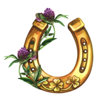Horseshoe with four-leaf clover. A symbol of good luck. Handmade watercolor illustration. Isolate. For printing, stickers and labels. For postcards, prints and packaging. For banners, posters. png