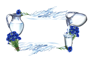 Frame with dairy products. Glass decanter and milk glass, decorated with cornflowers and a splash of milk. A hand-drawn watercolor illustration. For advertising banners, labels of dairy products. png