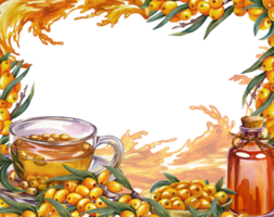 A frame with a painted sea buckthorn. Sea buckthorn oil, tea. Watercolor illustration, hand-drawn. For cosmetology, pharmaceuticals, food industry. For packaging, banner and flyer. png