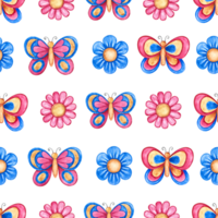Children's seamless pattern with butterflies and flowers. Handmade watercolor illustration. For packaging paper, textiles, children's clothing, greeting cards, labels and packages. For the backgrounds png