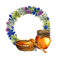 Honey in a glass jar and a wooden cup with a spoon for honey on the background of a wreath of wild flowers. Watercolor illustration, hand-drawn. For packaging and labels, postcards and flyers. png