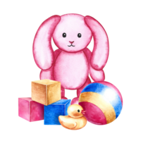 Children's toys - a ball, cubes and a plush rabbit. Handmade watercolor illustration. For the design of children's books, postcards and flyers. For of packaging of children's goods, for greeting cards png