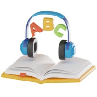 Audio apprendimento, 3d icona di cuffie e libri per e-learning appassionati. 3d rendere png