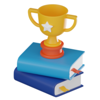 a caminho para conhecimento, 3d ícone do troféu e livro ilustrando aprendizado. 3d render png