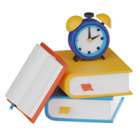 tempo per studia, 3d icona di libri con allarme orologio per formazione scolastica. 3d rendere png