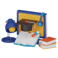 online aan het leren, boek en diploma uitreiking hoed, academisch prestatie. 3d geven png