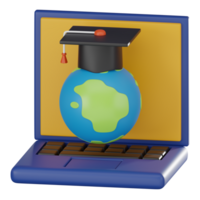 global l'obtention du diplôme, en ligne éducation avec 3d icône l'obtention du diplôme chapeau et monde. 3d rendre png