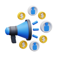 3d illustration megaphone with coins and people around it png