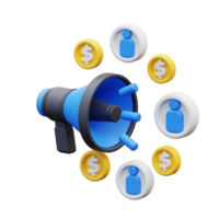 3d illustration megaphone with coins and people around it png