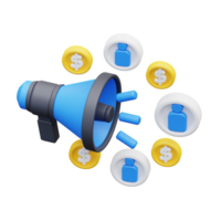 3d illustration megaphone with coins and people around it png