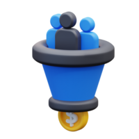 3d illustration sales funnel with coin and a group of people png