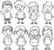 AI generated well hand drawing cute kids set doodle style illustration black color only vector