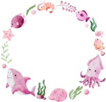 Watercolor hand drawn illustration of sea animals wreath in pink color png