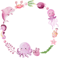 Watercolor hand drawn illustration of sea animals wreath in pink color png