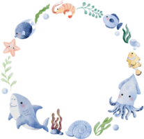 Watercolor hand drawn illustration of sea animals wreath in blue color png