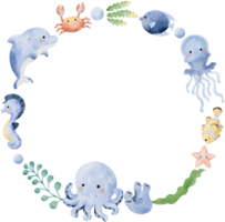 Watercolor hand drawn illustration of sea animals wreath in blue color png