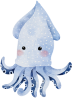 Watercolor hand drawn illustration of squid in blue color png