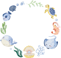 Watercolor hand drawn illustration of sea animals wreath in blue color png