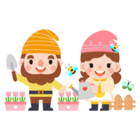 jardin gnome et femme dessin animé, jardinage et printemps, jardin outils et décor collection png