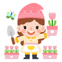 jardin gnome et femme dessin animé, jardinage et printemps, jardin outils et décor collection png