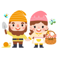 jardin gnome et femme dessin animé, jardinage et printemps, jardin outils et décor collection png