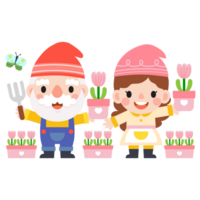 Garden Gnome and Woman cartoon, Gardening and Spring, Garden tools and decor collection png