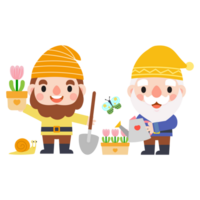 trädgård gnome och kvinna tecknad serie, trädgårdsarbete och vår, trädgård verktyg och dekor samling png