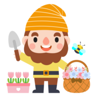 jardin gnome et femme dessin animé, jardinage et printemps, jardin outils et décor collection png