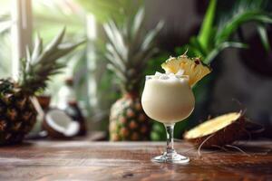 AI generated Tropical pina colada cocktail or mocktail with rum, coconut and pineapple photo