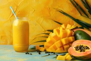 AI generated Smoothie with mango and papaya, tropical cocktail background, space for text photo