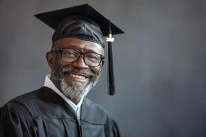 ai generado mayor africano americano graduado con graduación gorra y negro capa foto