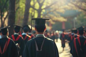 AI generated Rear view of university graduates wearing graduation gown and cap in the commencement day photo