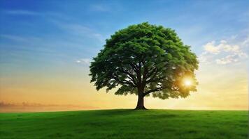 ai generado el duradero belleza de naturaleza un solitario árbol a atardecer.verde tierra día. video