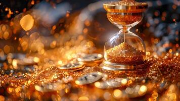 AI generated Time is money. Hourglass and gold coins on the table video