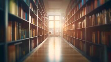 AI generated Library interior with rows of books. Selective focus video