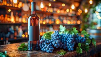 AI generated Bottle of red wine and grapes in basket on wooden table in vineyard video