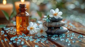 AI generated Spa still life with jasmine flowers, stones and aroma oil video